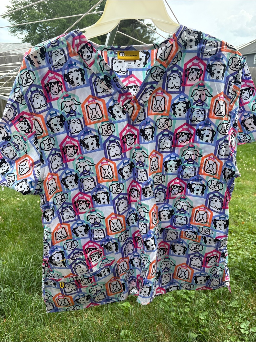 WonderWink women’s scrub Top with Colorful Puppy Frames